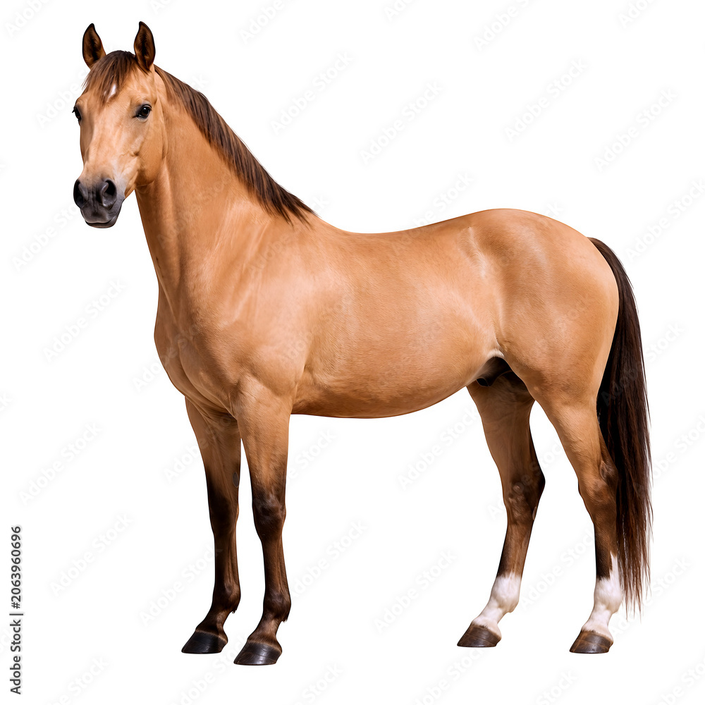 Obraz premium Light brown horse standing gracefully with dark mane and tail looking.