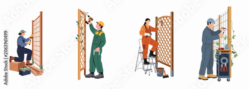 Set of professional garden workers installing and maintaining wooden and wire trellises, flat vector illustrations on white background.