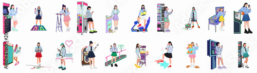 Принти на полотні Collection of flat vector illustrations featuring young women in holographic jackets enjoying various activities at a modern arcade and entertainment center