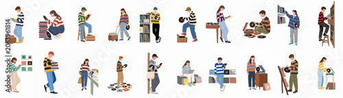 Flat vector illustration set of young people browsing, collecting, and listening to vinyl records in a record store or library environment.