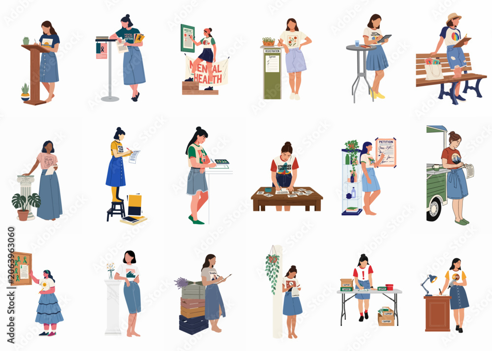 Fototapeta premium Diverse collection of female activists engaging in community work, signing petitions, and raising awareness for mental health and social causes in flat illustration style.