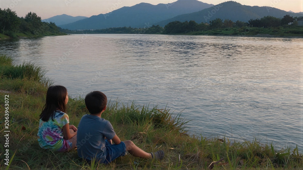 Fototapeta premium Two children sit by a river, gazing at distant mountains under soft sunset light.