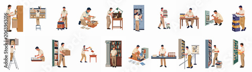 Collection of illustrations depicting a male office clerk performing various archival, filing, and administrative tasks in different settings.