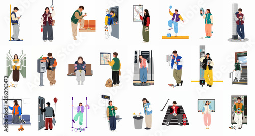 Collection of Vector Illustrations Featuring Diverse Young People in Trendy Streetwear and Varsity Jackets Engaged in Urban Activities and Commuting.