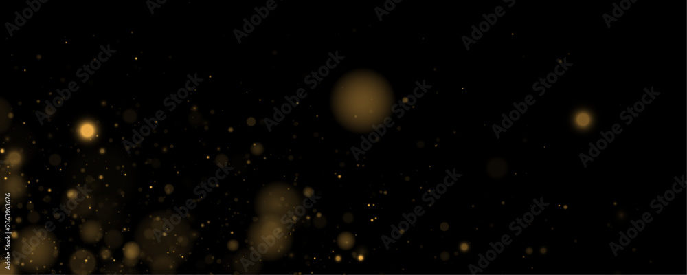 Fototapeta premium Golden glow, defocused star and sparkle with glitter dust in soft bokeh light. Festive magical particle, stardust, twinkle and highlights. Glare, sparks, flare and lens flare, vector illustration.