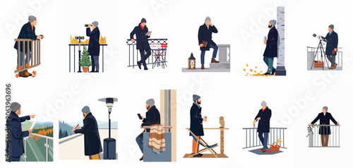 Obraz na plátně Set of vector illustrations depicting a stylish man in a coat and beanie performing different leisure and work activities on balconies in winter