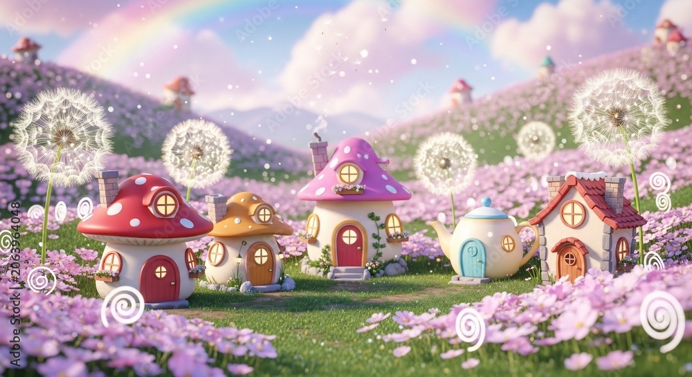 Fototapeta premium Fantasy landscape mushroom houses flowers