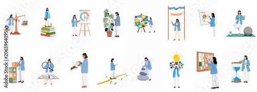 Foto Comprehensive flat vector illustration set of a professional woman managing work-life balance, mental health, productivity, and personal growth through various daily activities