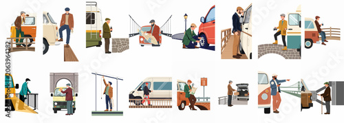 Collection of vintage flat illustrations featuring a man on various travel adventures, road trips, and car maintenance scenes with retro camper vans.