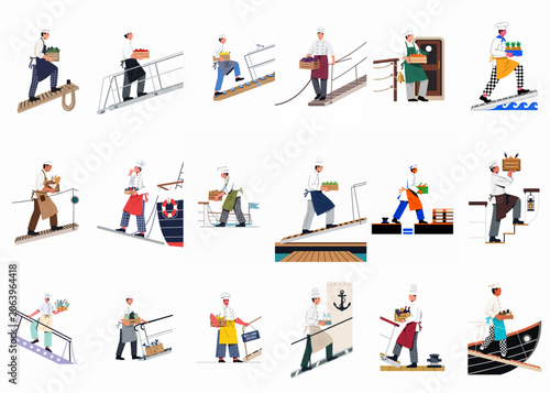 Flat vector illustrations of ship chefs and galley staff carrying crates of fresh food and ingredients onto vessels via gangplanks.