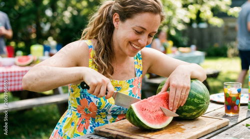 Woman cutting watermelon outdoors at picnic