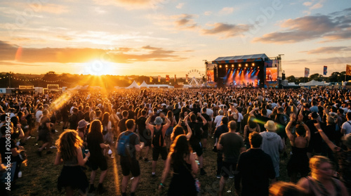Crowd at outdoor music festival at sunset