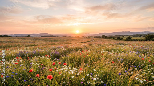 Wildflower field at sunset with country path