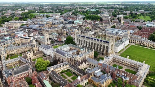 Aerial view over historic university landmark buildings, Cambridge city, UK
