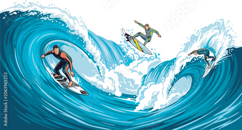 Tableau sur toile Extreme surfing vector illustration with professional surfers riding huge curlin