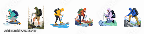 Photos Collection of six illustrations of hikers and backpackers using portable water filtration systems to purify water from natural sources in the wilderness