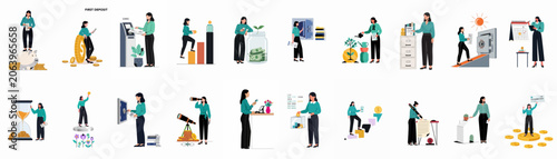 Comprehensive collection of illustrations depicting a woman managing personal finances, savings, investments, and retirement planning in a modern flat design style.
