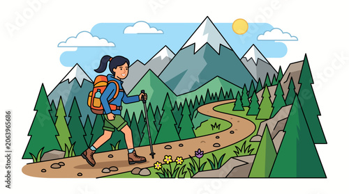 A cartoon woman hiking on a winding trail with a backpack and trekking poles in a scenic mountain landscape with trees and a sunny sky.