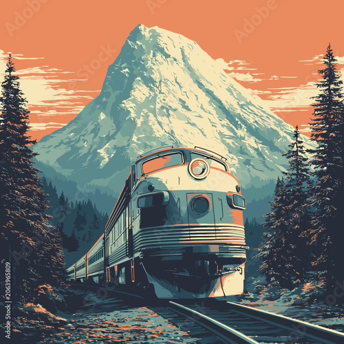 Vintage Train Traveling Through Mountain Landscape at Sunset.