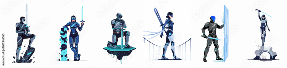 Naklejka premium Set of futuristic sci-fi warriors and metaverse avatars in advanced armor wielding digital swords, isolated on white background for gaming and technology concepts.