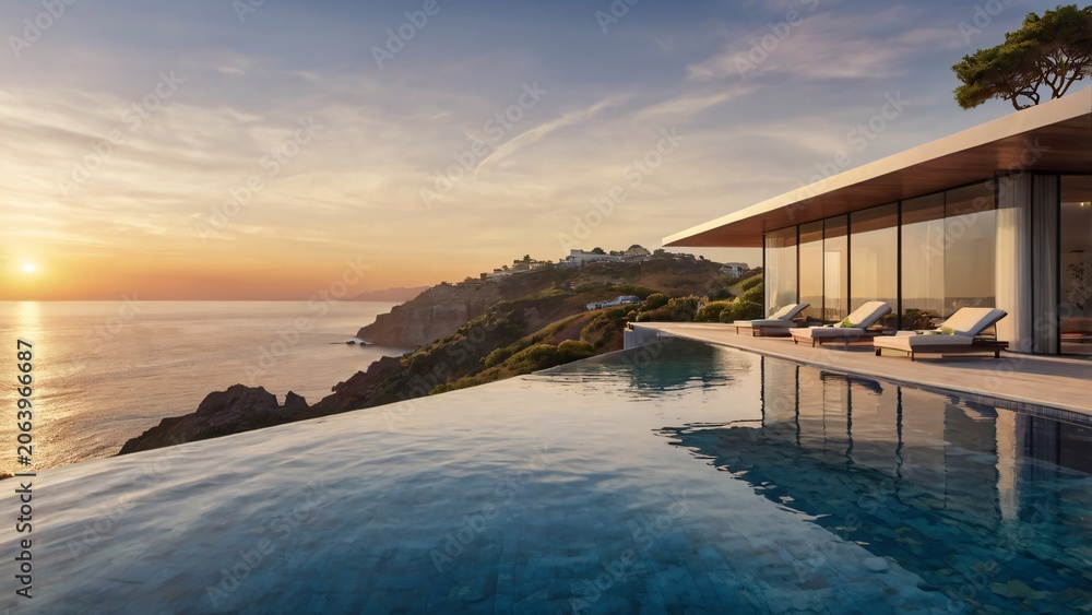 Fototapeta premium Luxury Modern Villa Featuring a Stunning Infinity Pool Overlooking the Ocean at Golden Sunset