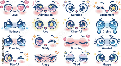 Tableau sur toile Cute kawaii anime cartoon eyes expression vector set with happy love crying sad