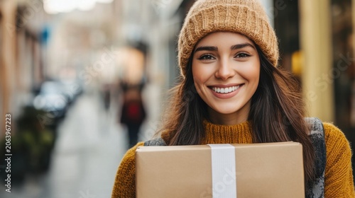 Happy Woman Receiving Package Outdoors