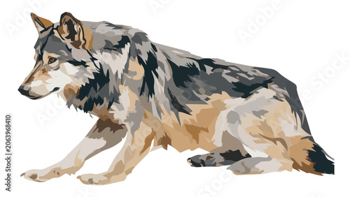 Illustration of a crouching gray wolf in profile.