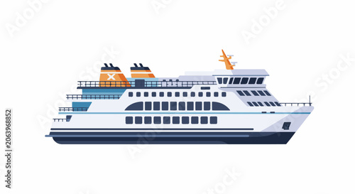 A large white cruise ship with two orange funnels