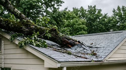 Fallen tree branch damages a residential roof during a heavy rainstorm