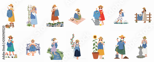 Vászonkép Vector illustration set of women in straw hats embroidering denim jackets in various outdoor garden and nature settings, showcasing a creative slow living hobby