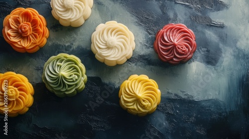 Colorful Mooncakes Arranged in a Swirling Pattern