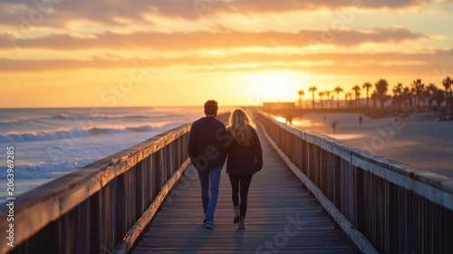 Couple Walking on Scenic Pier During Golden Sunset