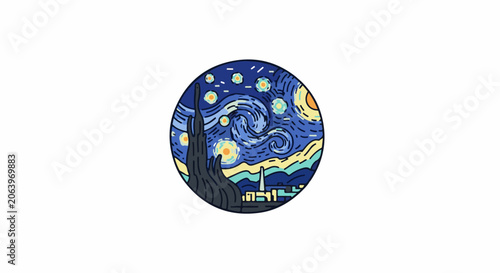 A stylized illustration of a swirling night sky with stars, a bright crescent moon and a silhouette tree against a village