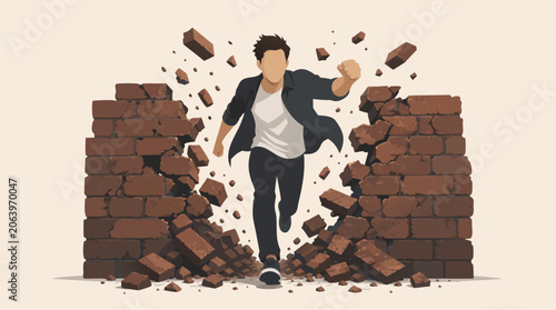 Faceless person powerfully breaking through a solid red brick wall representing overcome obstacles and success, flat vector illustration on a light background for business and personal growth.
