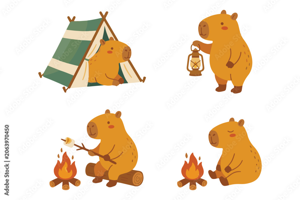 Fototapeta premium Cute capybara camping and adventure element set vector illustration isolated on white background