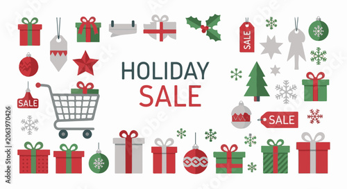 A colorful holiday sale graphic with presents, ornaments, and shopping cart