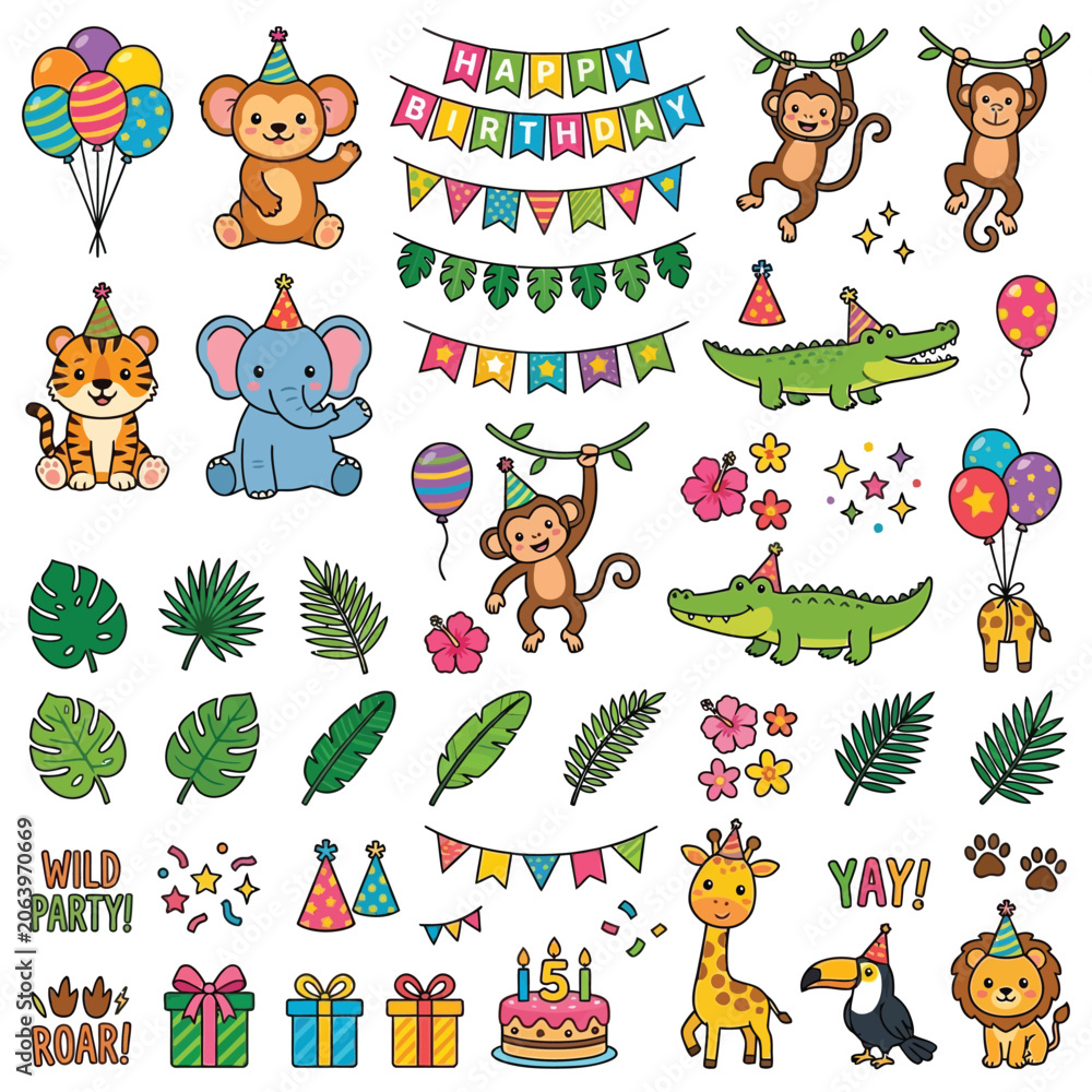 Fototapeta premium Jungle Animals Birthday Party Decorations and Elements.