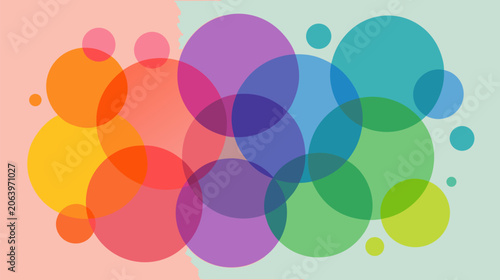 Modern flat vector illustration of overlapping translucent colorful circles representing diversity inclusion and unity abstract geometric pattern for business collaboration and community.