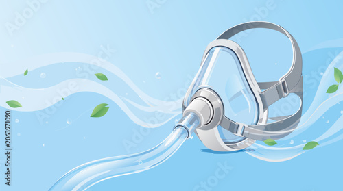 Oxygen breathing mask with flowing clean air icon in flat vector illustration style, medical healthcare symbol on light background for respiratory support and ventilation concepts