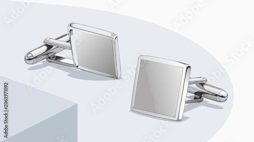 Elegant pair of silver cufflinks in flat vector illustration style, classic men fashion accessory icon on clean background for luxury jewelry, formal attire, and wedding concepts