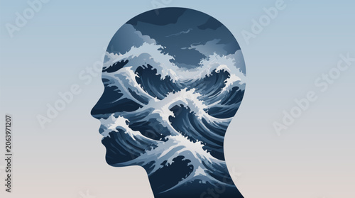 Conceptual Flat Vector Illustration Depicting a Human Head Silhouette Filled with Raging Stormy Ocean Waves Representing Mental Health Struggles Anxiety Stress and Emotional Turmoil Graphic Design.