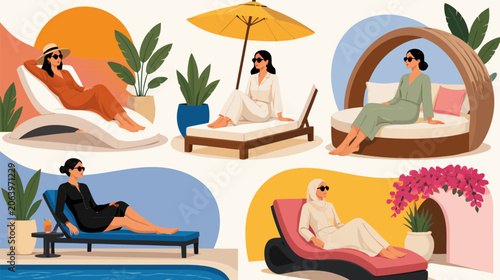 Minimalist Flat Vector Illustration of a Summer Sunbed Lounge Chair for Beach Vacation and Resort Relaxation Graphic Design Elements Isolated on a Simple Background for Travel and Leisure Projects.