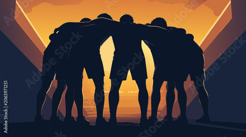 Silhouette of a Professional Sports Team Huddle Before a Big Match or Competition Illustrating Unity Leadership Strategy and Motivation in a Flat Vector Style for Athletic Brand Design and Media.