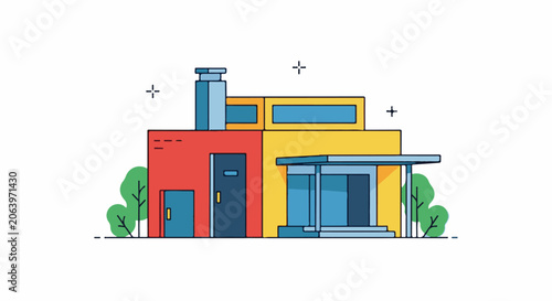 Colorful modern house with red, yellow, and blue accents