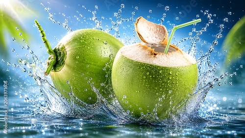 Fresh coconut halves with water splashing into a blue water background