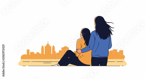 Two women sitting on a bench overlooking a city skyline