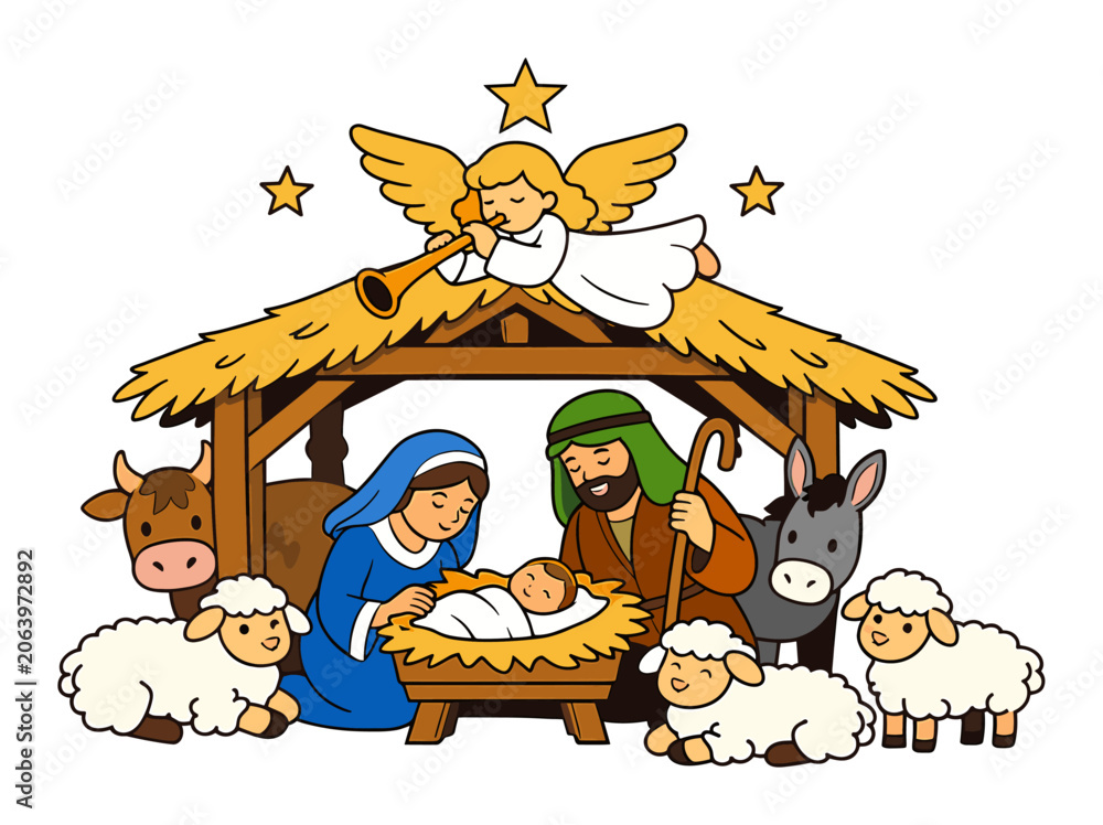 Naklejka premium Cartoon nativity showing Mary, Joseph, and baby Jesus in a manger with an angel playing trumpet, stars, and animals