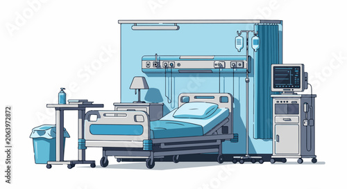 A blue and grey hospital room with a bed and medical equipment