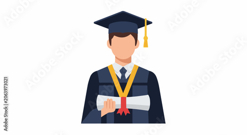 A cartoon man in graduation attire holds diploma